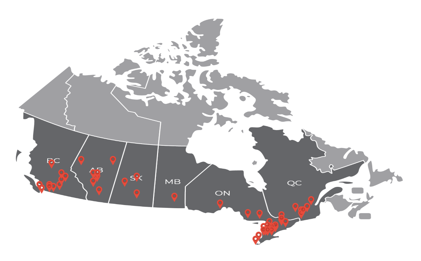 Map of Canada with markers showcasing Roofmart distribution locations